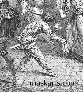 Arlecchino with his slapstick at his side, when the Commedia dell'Arte companies were kicked out of France by Louis XIV 1697.