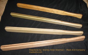 Four slapsticks, from bottom to top, Oak, 2 Poplars and Pine