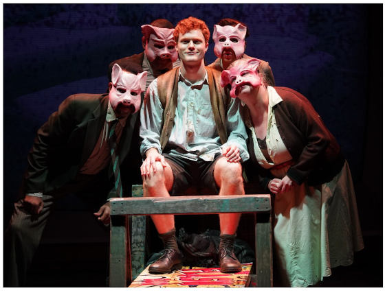The Butcher Boy, the new musical Pig Chorus in their Pig character masks.  In the photo, Pig #1 Teddy Trice, Pig #4 David Baida.Pig #2 Carey Rebecca Brown, Pig #3 Polly McKie, Nicholas Barasch as Francie, Photo used with permission from Irish Repertory Theatre. Photos by Carol Rosegg