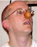 Lynn trying on his unpainted clown nose