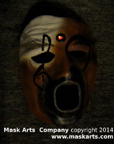 Music mask with a button on the forehead with a red light lighing up the button.