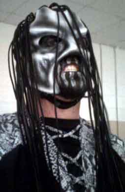 Salem Sinner Sixx Pro wrestling mask - white, gary and black with 25 yard of leather strapping as hair.